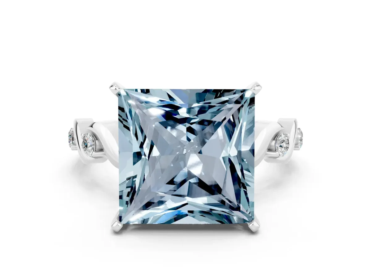 Princess Cut Aquamarine Solitaire Twisted Band with Round Accents and Prong Setting Platinum