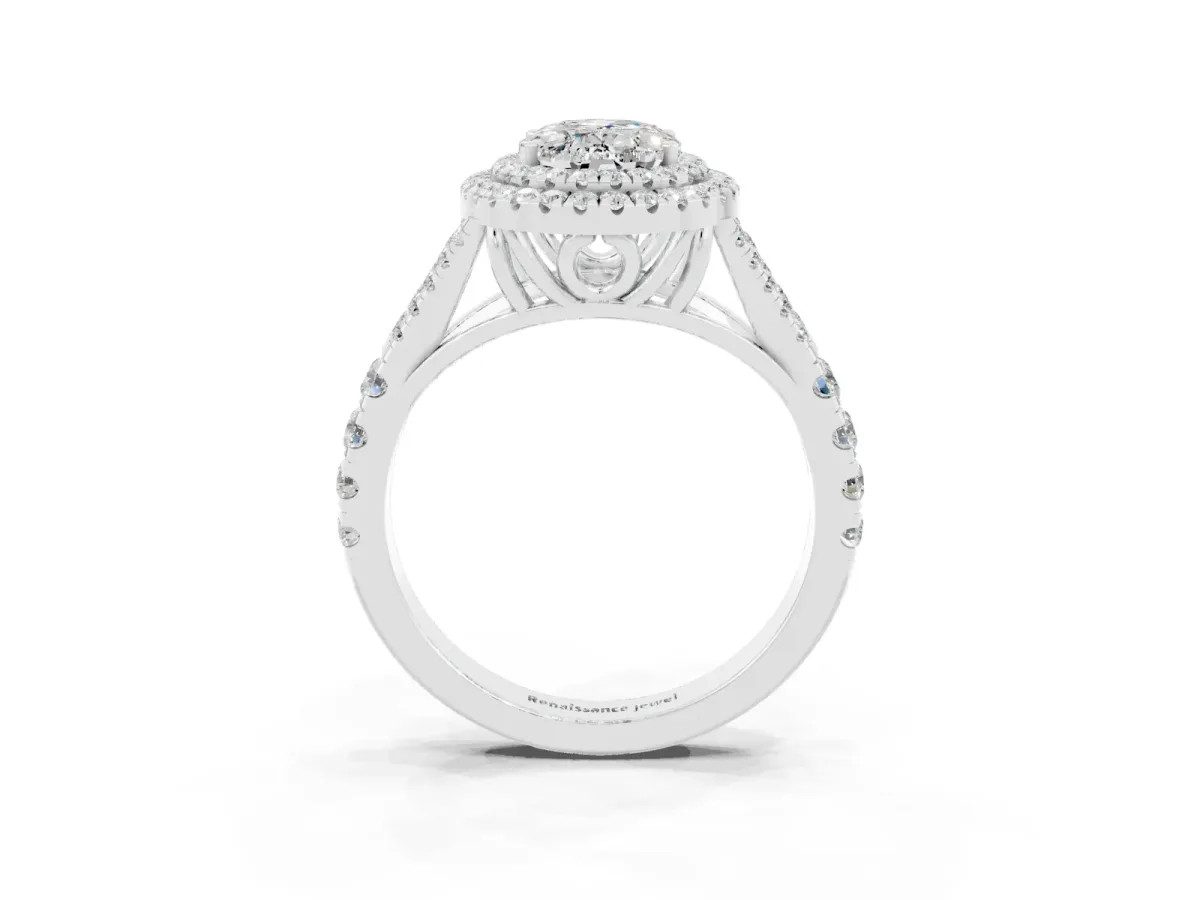 Double Halo Oval Cut Moissanite Pavé Split Shank Ring with Prong Setting Silver