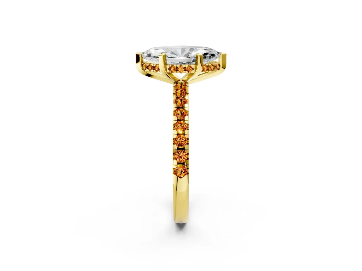 Marquise Cut Diamond Solitaire Ring with Round Citrine Pavé Band and Four-Prong Setting Yellow gold