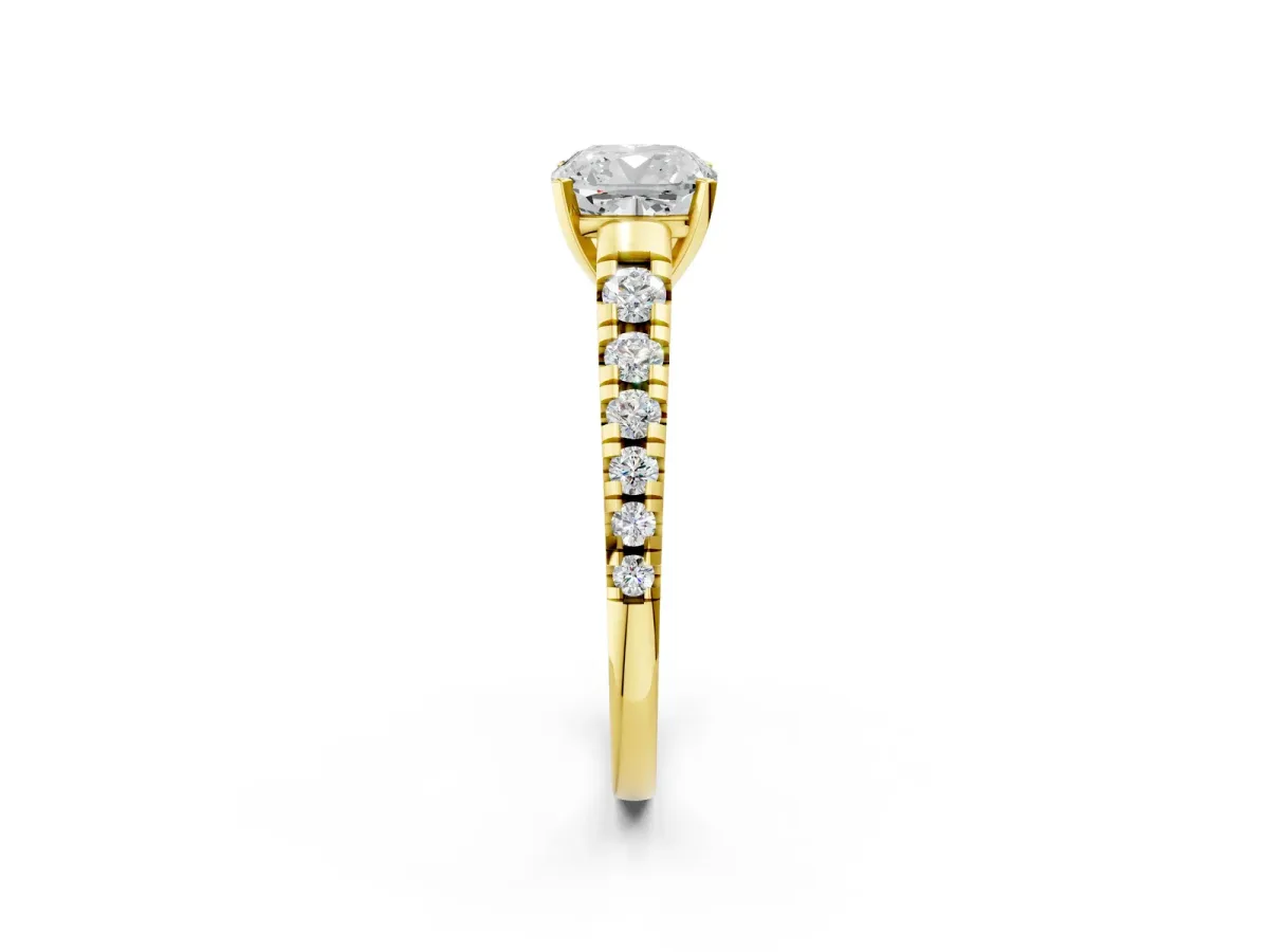 Cushion Cut Diamond Cathedral Solitaire Ring with Round Moissanite Pavé Band Yellow gold