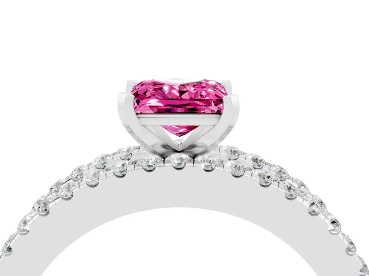 Princess Cut Pink Sapphire Solitaire Ring with Pavé and Channel Set Band White gold