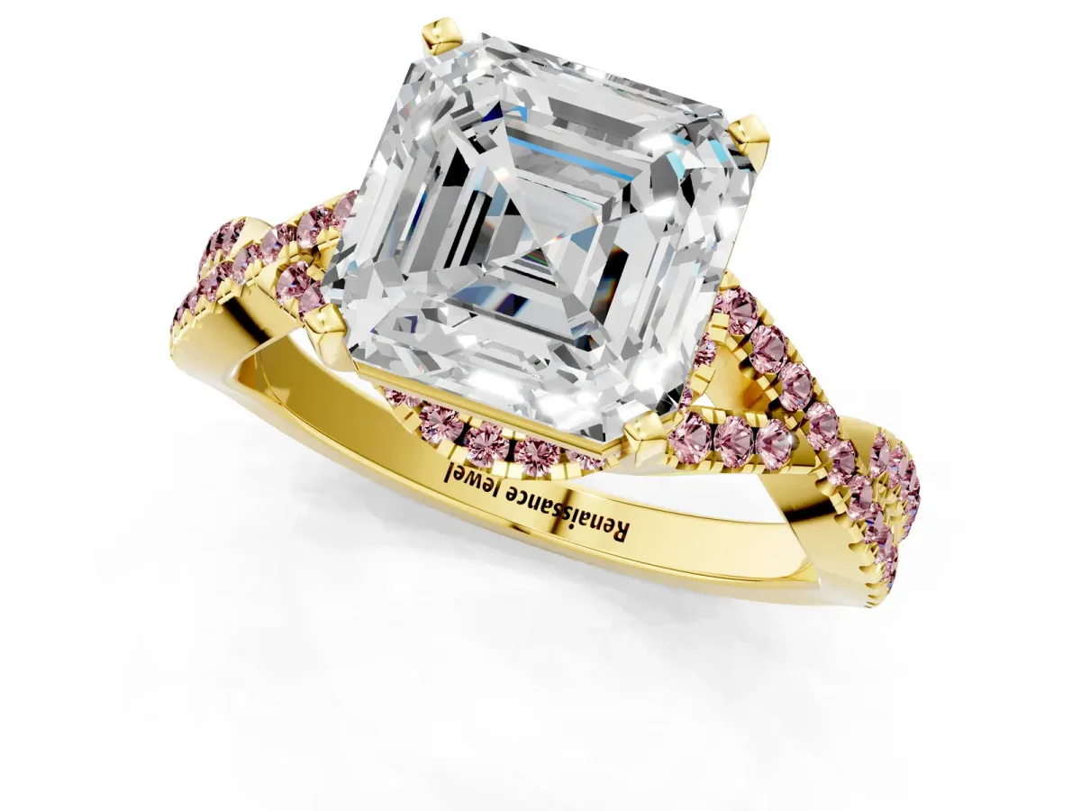 Asscher Cut Diamond Morganite Halo Twist Band Solitaire Prong Setting Ring Yellow gold