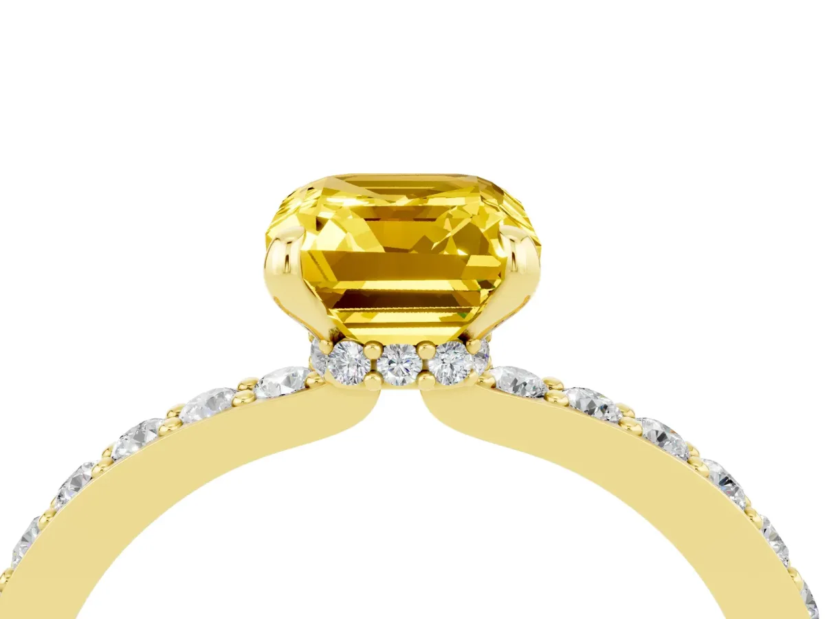 Emerald Cut Yellow Sapphire Solitaire Engagement Ring with Pavé Band and Four-Prong Setting Yellow gold