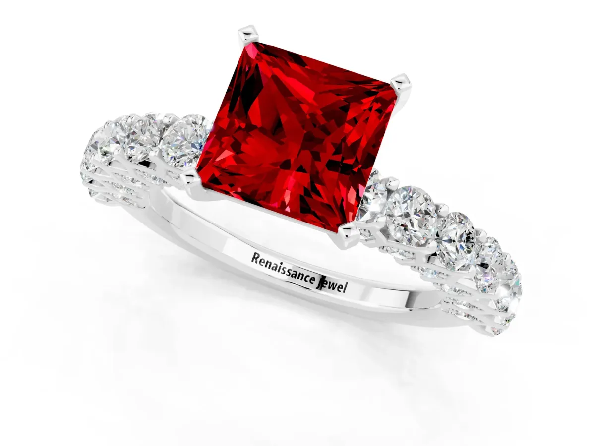 Princess Cut Ruby Solitaire Ring with Shared Prong Pavé Band and Four-Prong Setting White gold