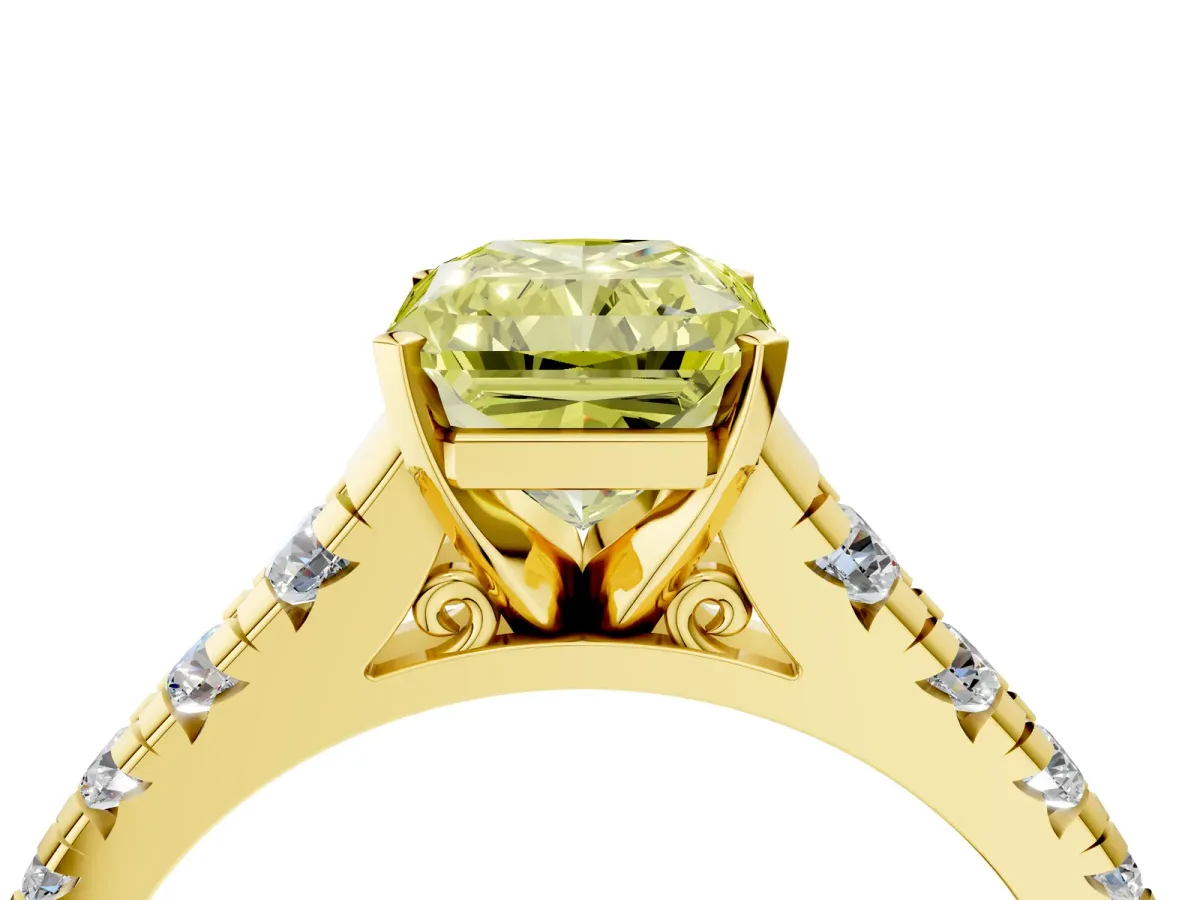 Fancy Yellow Radiant Cut Diamond Cathedral Solitaire Ring with Round Pavé Band Yellow gold