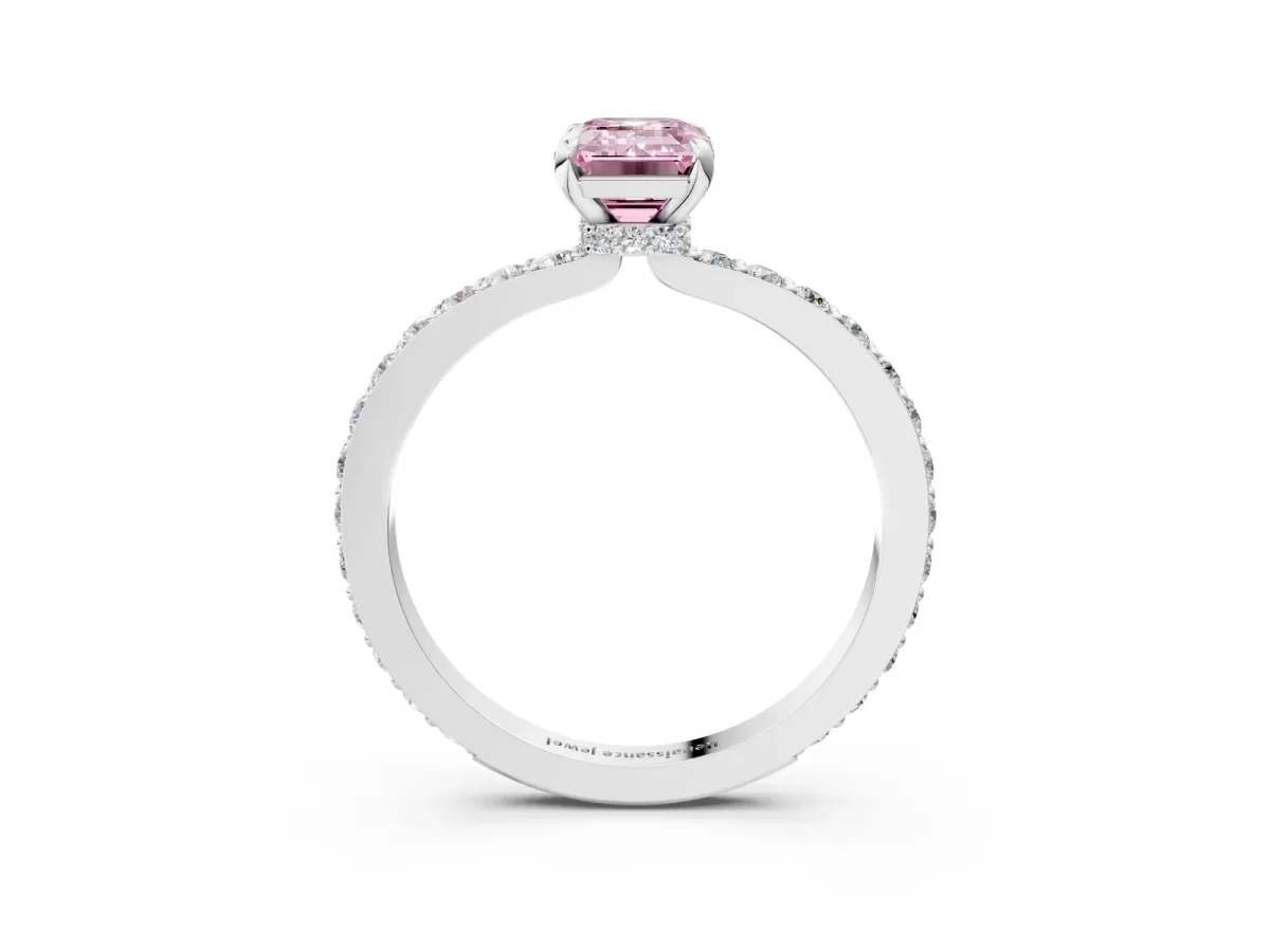 Fancy Pink Emerald Cut Diamond Solitaire Engagement Ring with Pavé Band and Four-Prong Setting Silver