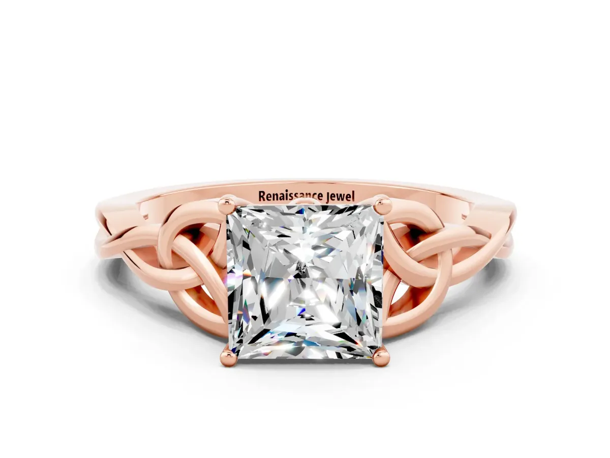 Princess Cut Moissanite Solitaire Celtic Knot Ring with Four-Prong Setting Rose gold