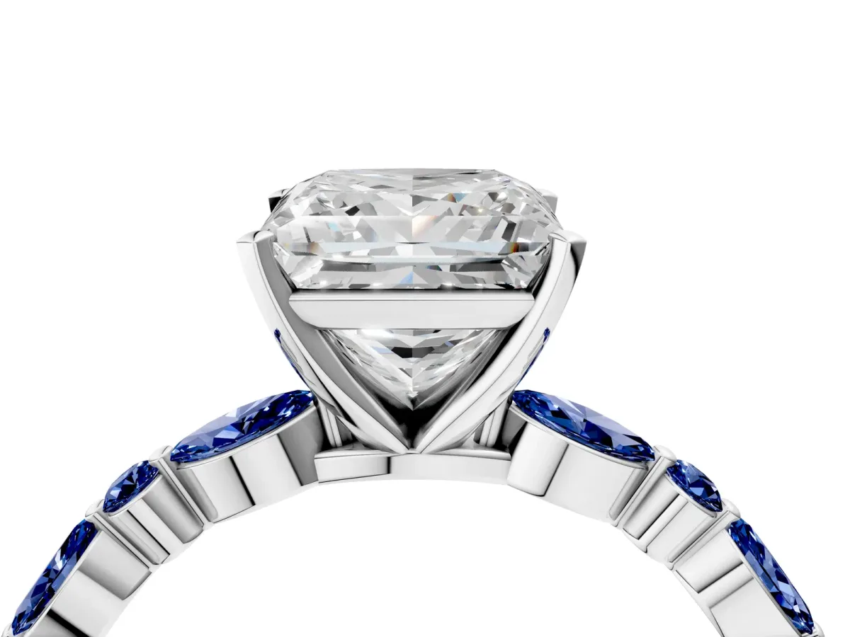 Princess Cut Diamond Ring with Marquise and Round Blue Sapphire Side Stones and Four-Prong Setting White gold