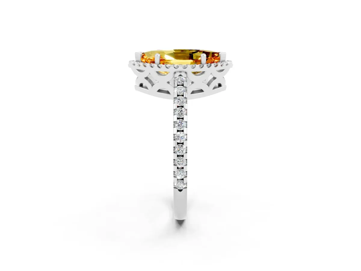 Marquise Cut Citrine Halo Engagement Ring with Pavé Band and Prong Setting White gold
