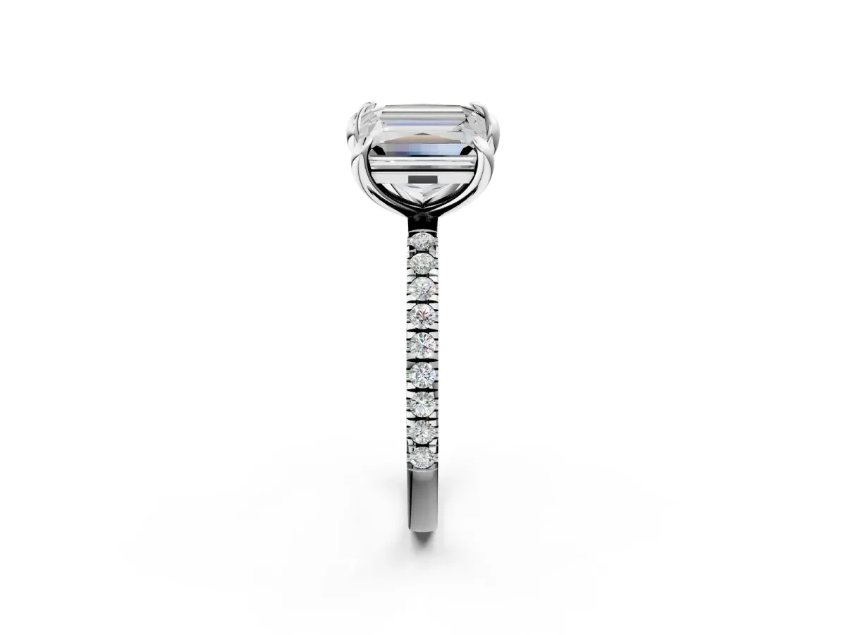 Emerald and Princess Toi Moi Ring with Prong Setting and Micro Pave Band Silver