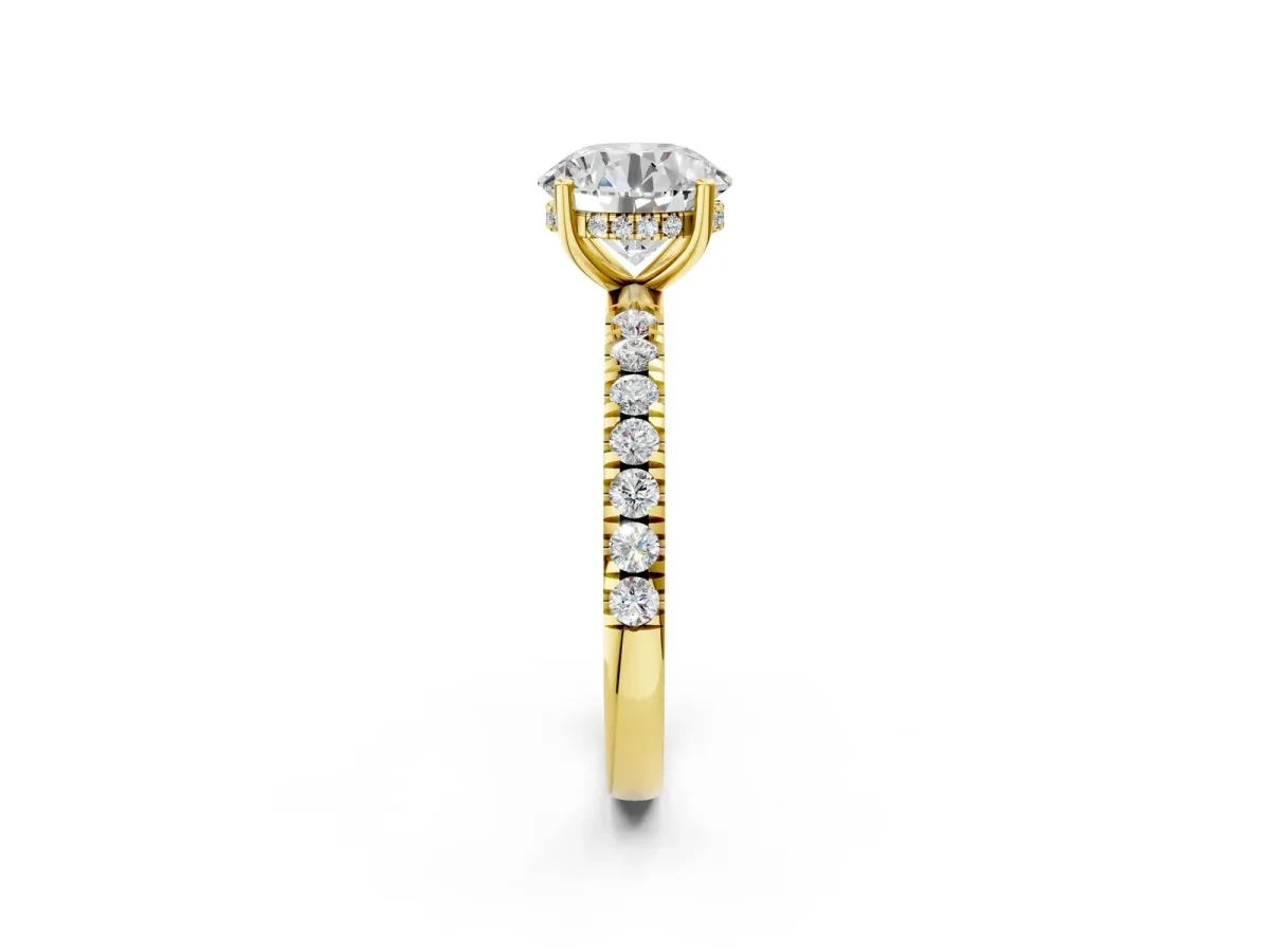 Round Cut Diamond Pave Band Solitaire Ring with Round Moissanite and Prong Setting Yellow gold