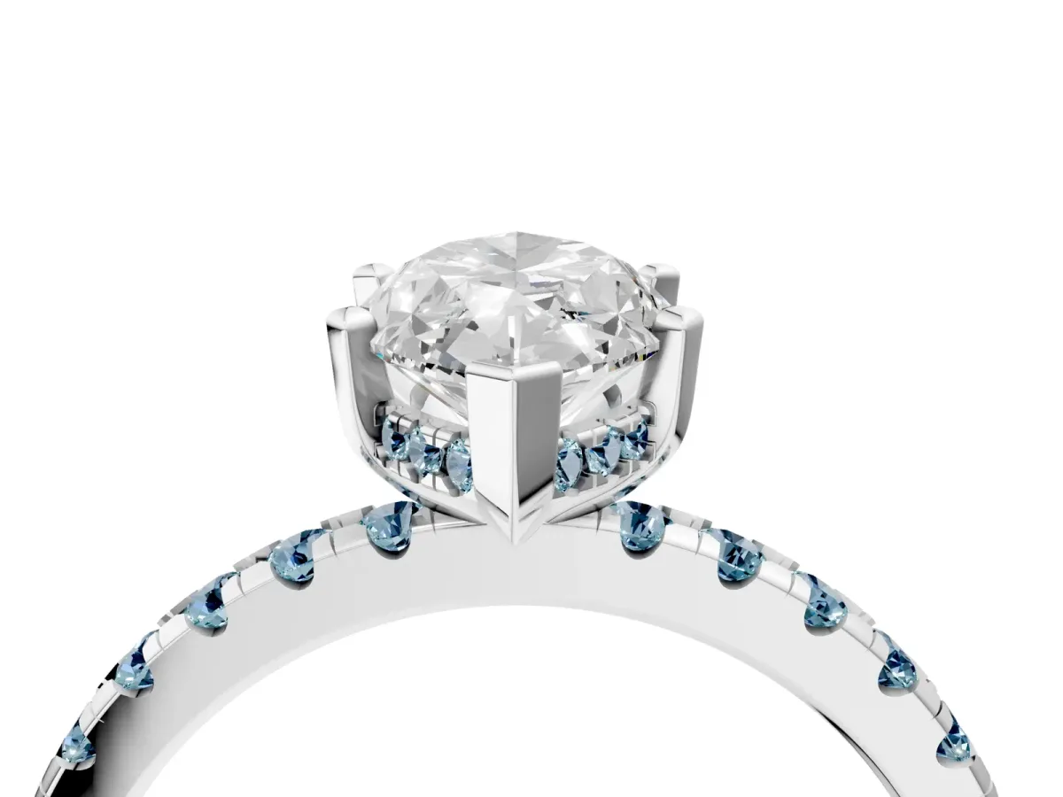 Marquise Cut Diamond Solitaire Ring with Round Aquamarine Pavé Band and Four-Prong Setting Platinum
