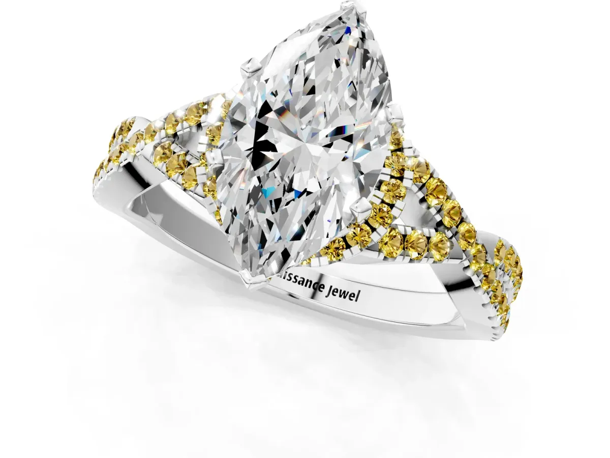Marquise Cut Diamond Yellow Sapphire Halo Twist Band Solitaire Prong Setting Ring White gold