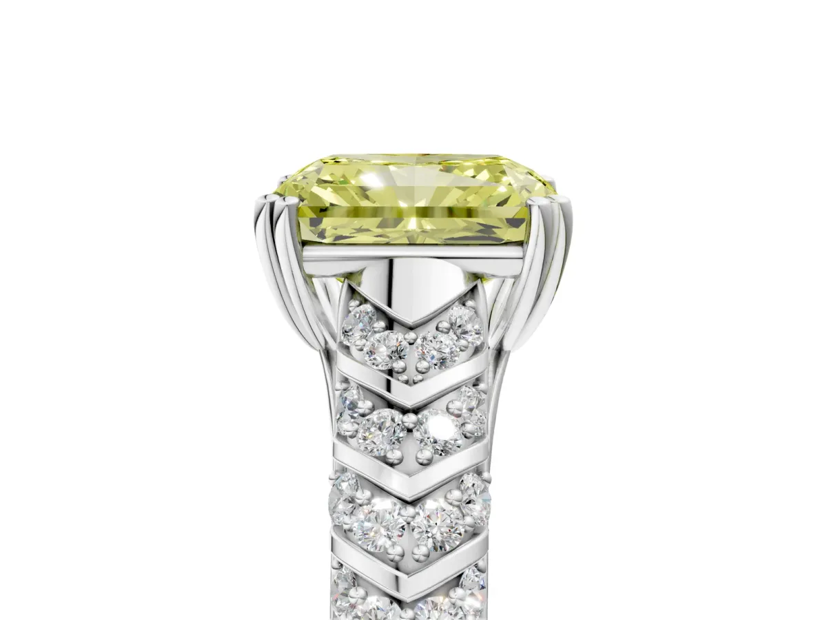 Fancy Yellow Radiant Cut Solitaire Chevron Pave Diamond Engagement Ring with Six-Prong Setting Platinum