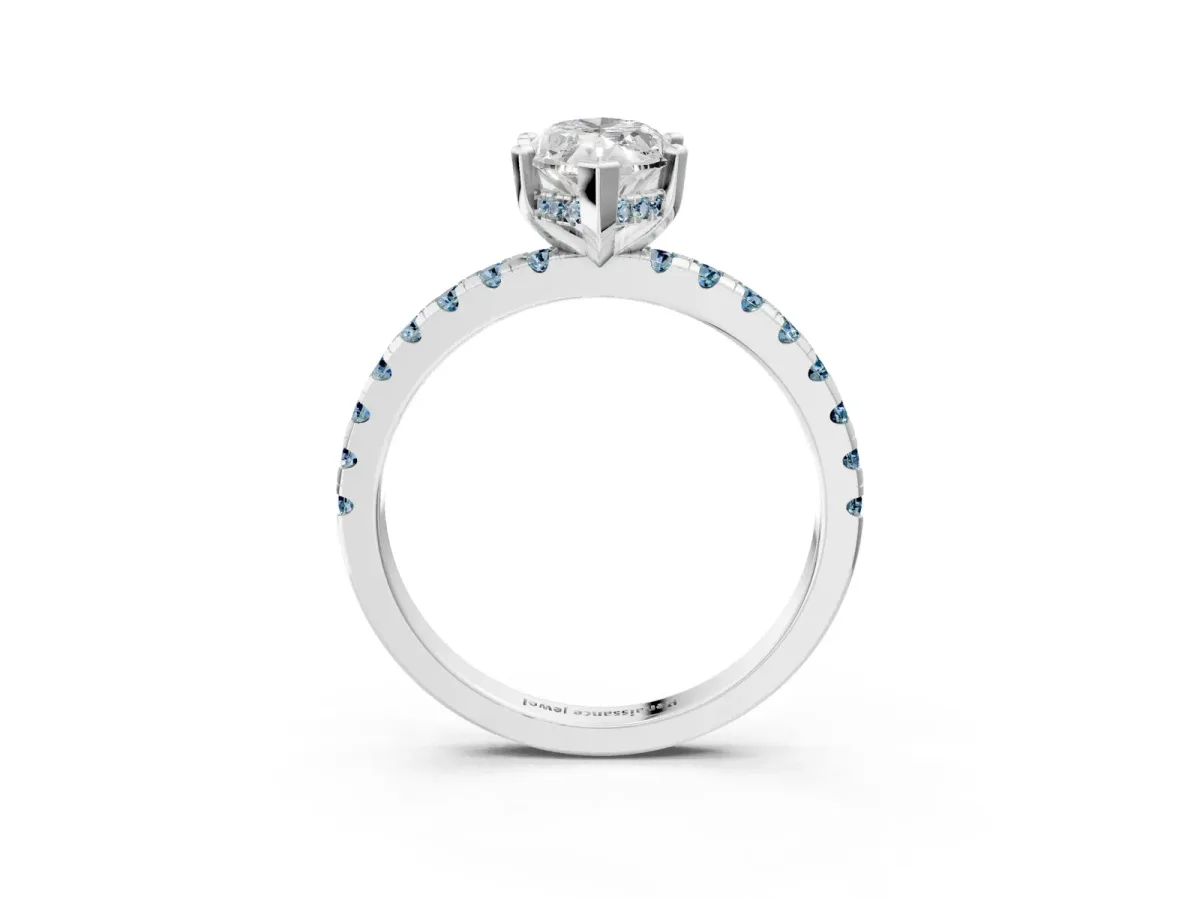 Marquise Cut Diamond Solitaire Ring with Round Aquamarine Pavé Band and Four-Prong Setting Platinum