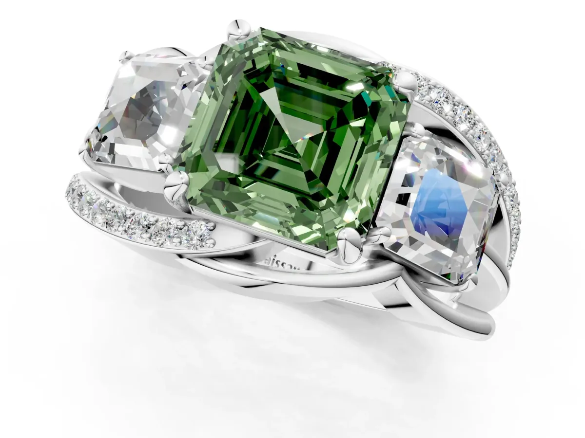 Fancy Green Three-Stone Asscher Cut Cut Diamond Split Shank Prong Set Ring Platinum
