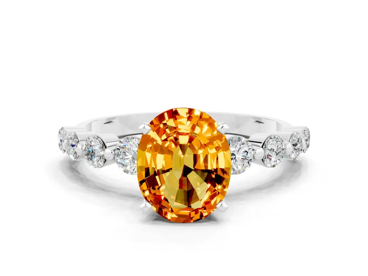 Oval Cut Solitaire Citrine Ring with Pave Band and Four-Prong Setting Silver