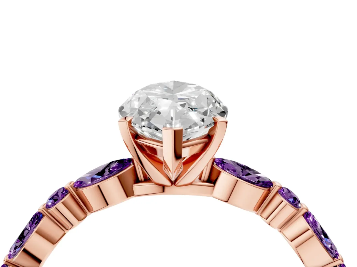 Marquise Cut Diamond Ring with Marquise and Round Amethyst Side Stones and Four-Prong Setting Rose gold