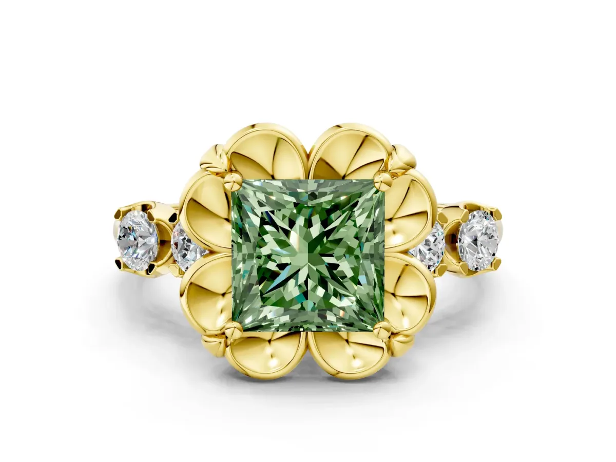 Fancy Green Princess Cut Cut Diamond Floral Halo Engagement Ring with Shared Prong Setting Yellow gold