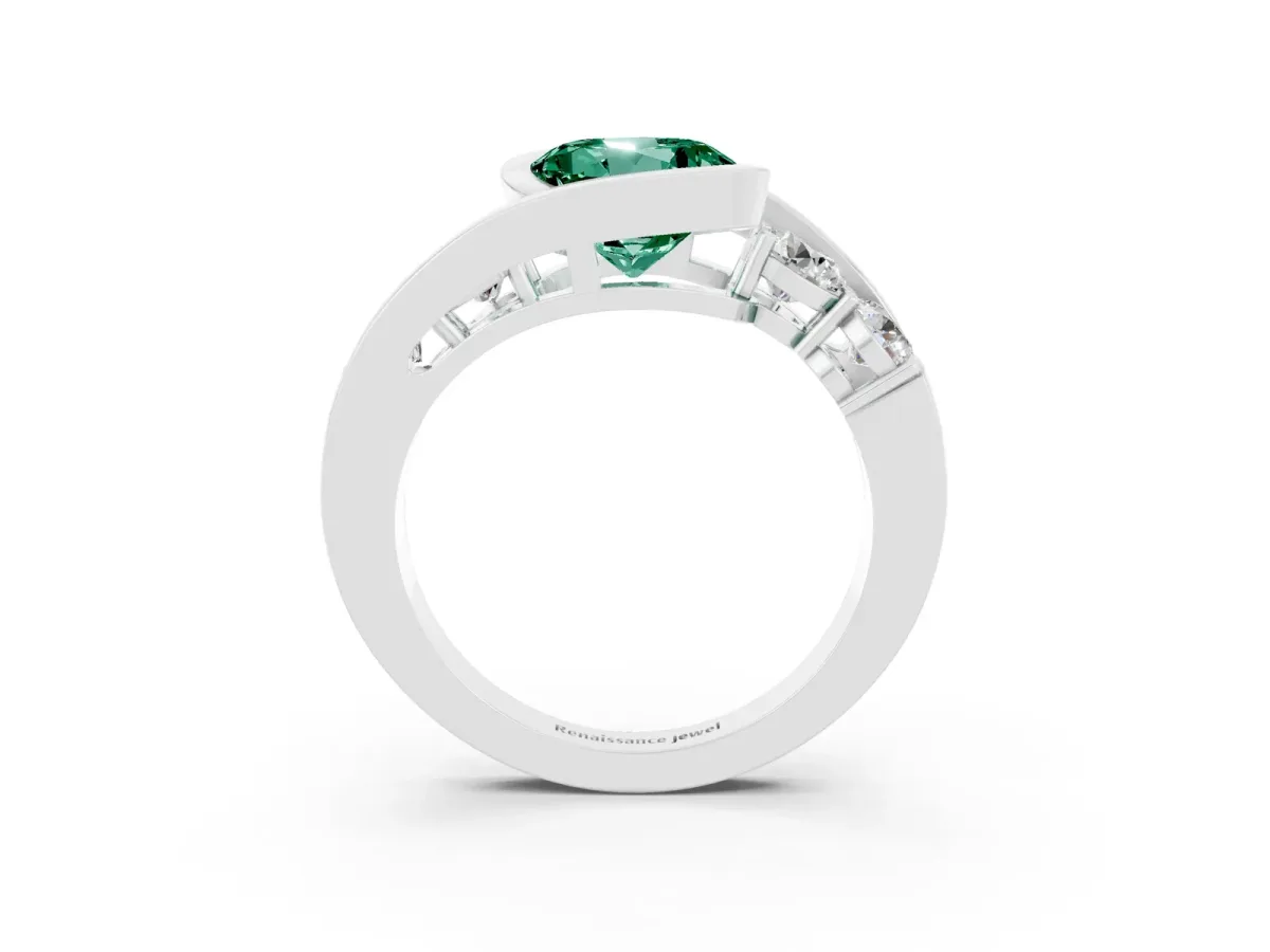 Bezel Set Round Cut Green Sapphire Bypass Ring with Round Accents Silver