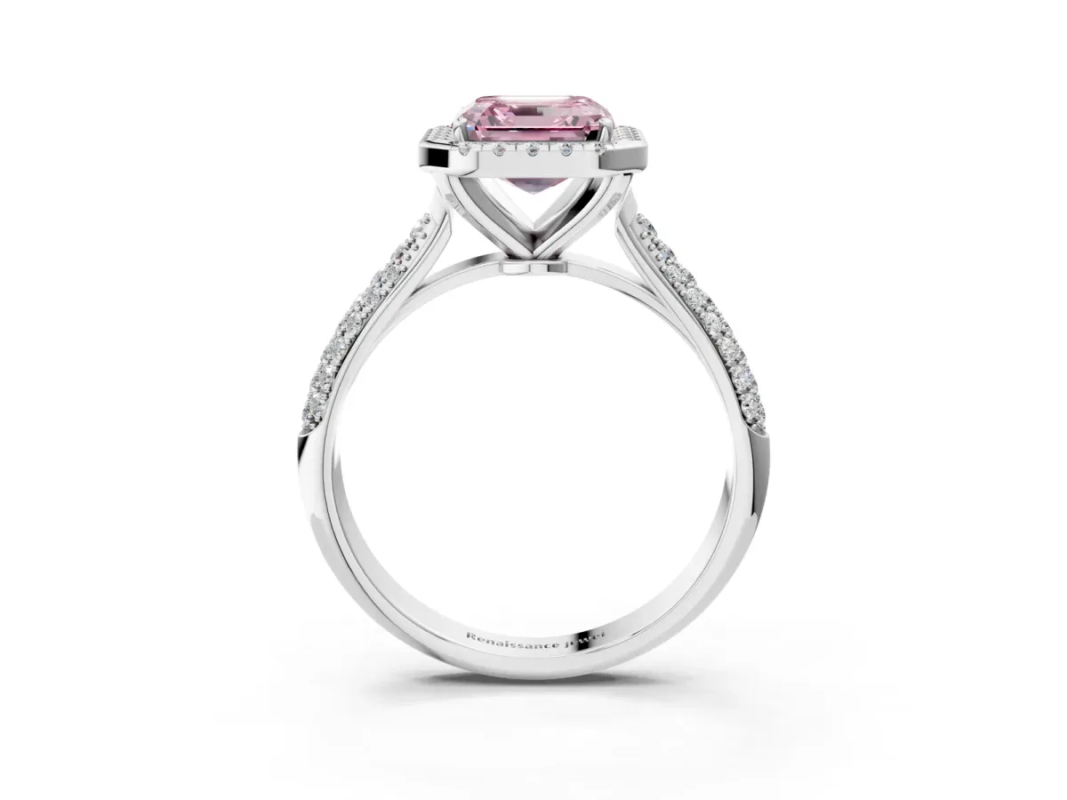 Fancy Pink Asscher Cut Halo Diamond Ring with Pavé Band Platinum