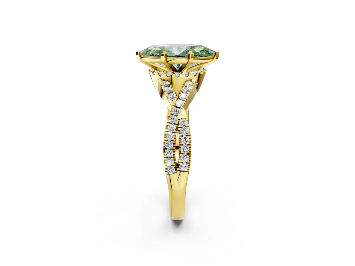 Fancy Green Heart Cut Diamond Halo Twist Band Solitaire Prong Setting Ring Yellow gold