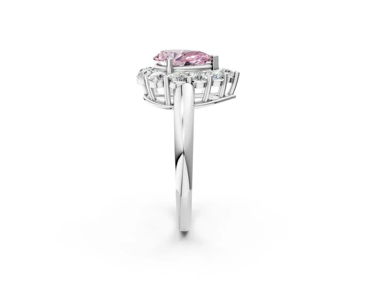 Fancy Pink Pear Cut Halo Cluster Diamond Engagement Ring with Prong Setting and Polished Band White gold
