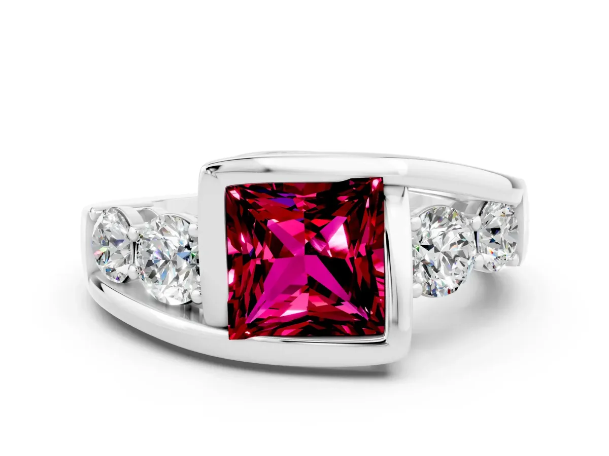 Bezel Set Princess Cut Garnet Bypass Ring with Round Accents Platinum
