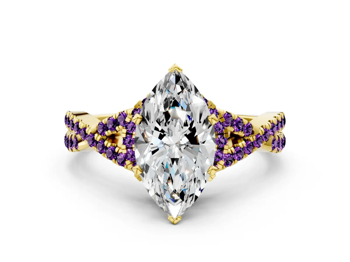 Marquise Cut Diamond Amethyst Halo Twist Band Solitaire Prong Setting Ring Yellow gold