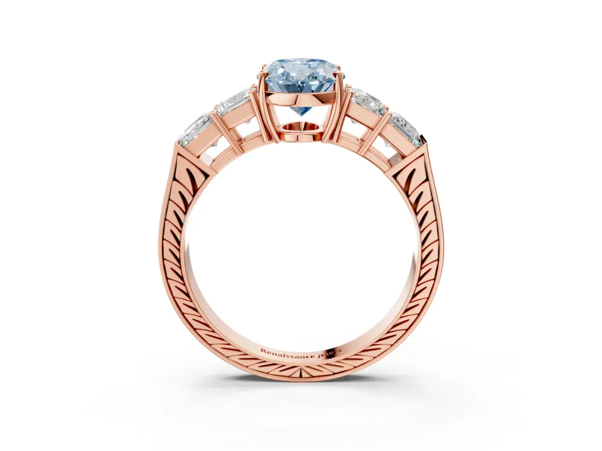 Fancy Blue Oval Cut Solitaire Princess Side Stone Engraved Band Prong Setting Ring Rose gold