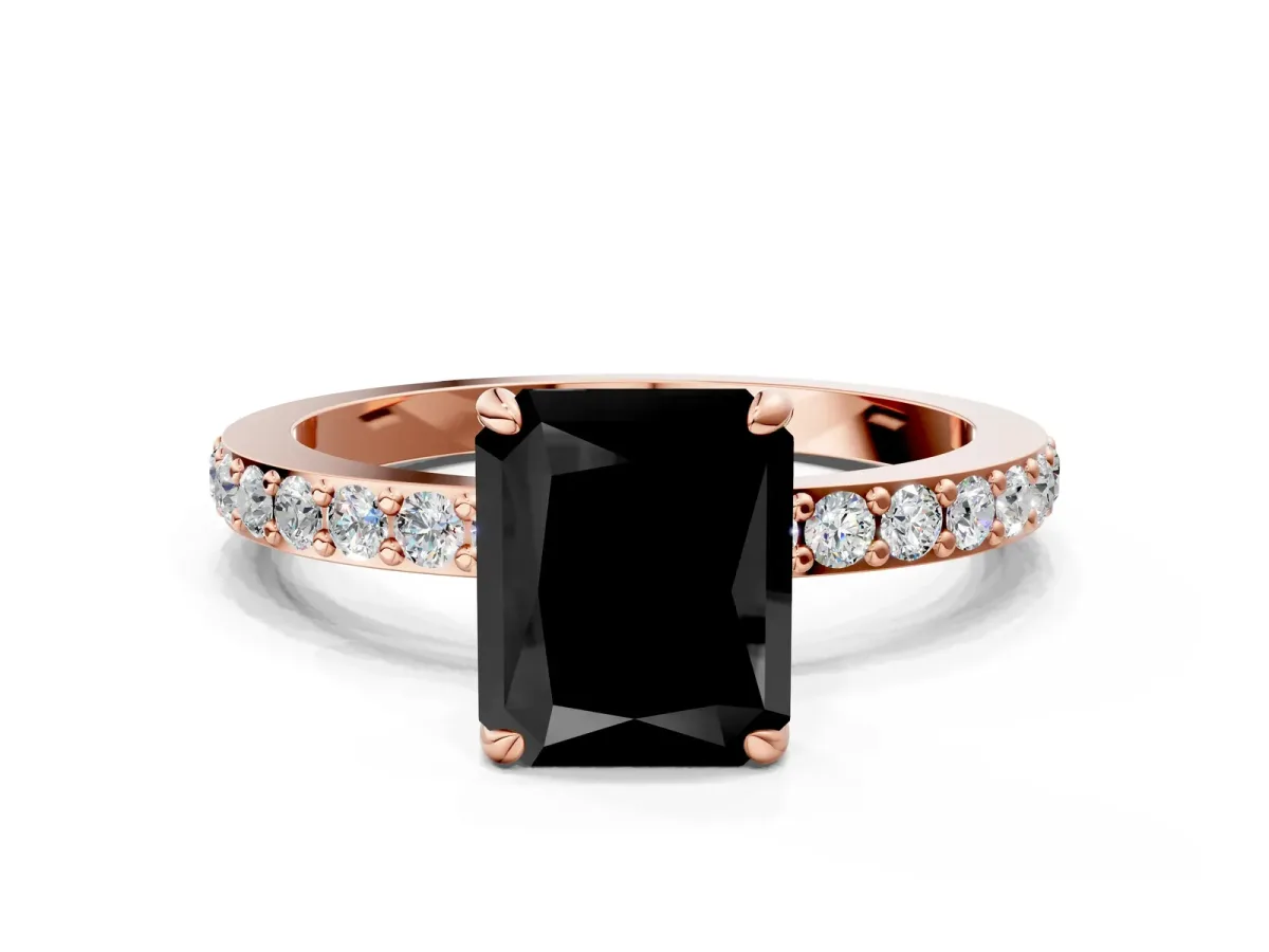 Fancy Black Radiant Cut Diamond Solitaire Engagement Ring with Pavé Band and Four-Prong Setting Rose gold