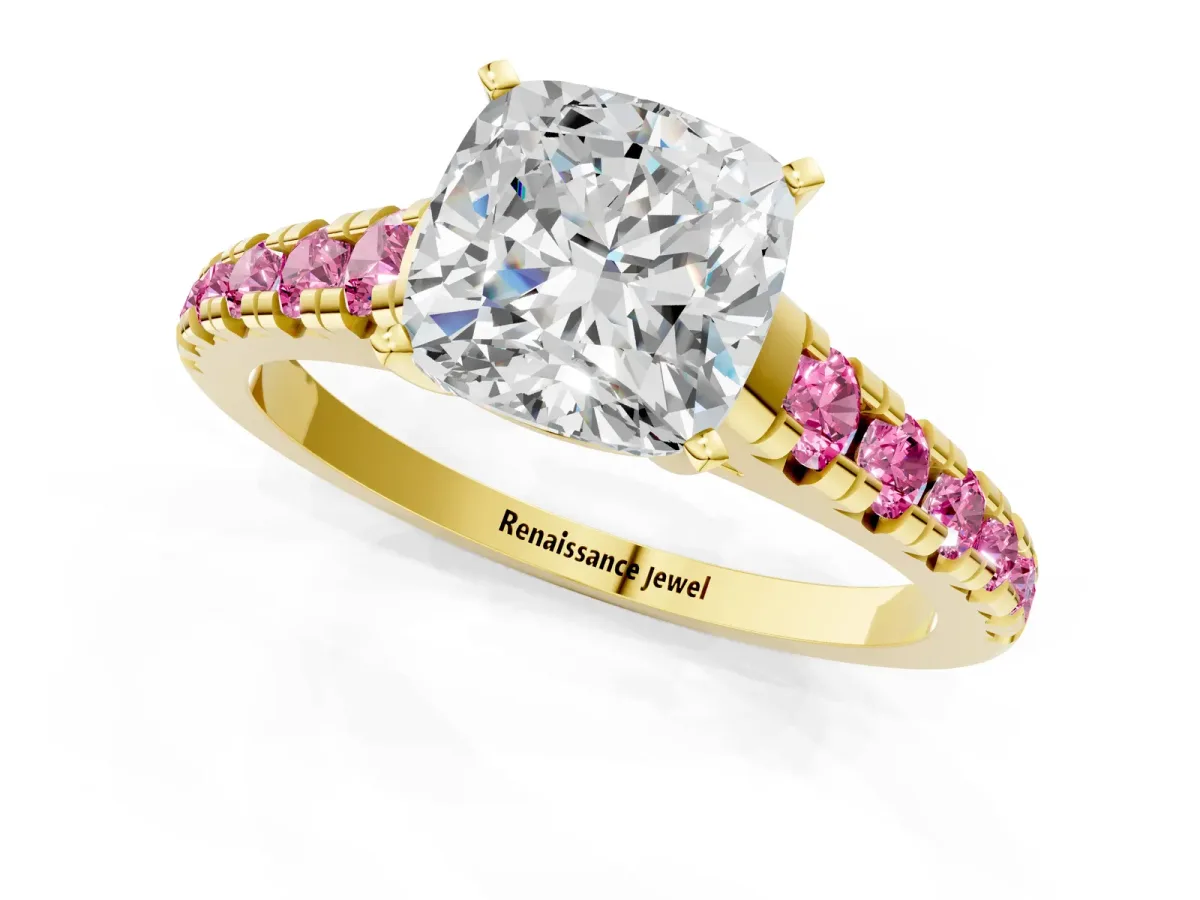 Cushion Cut Diamond Cathedral Solitaire Ring with Round Pink Sapphire Pavé Band Yellow gold