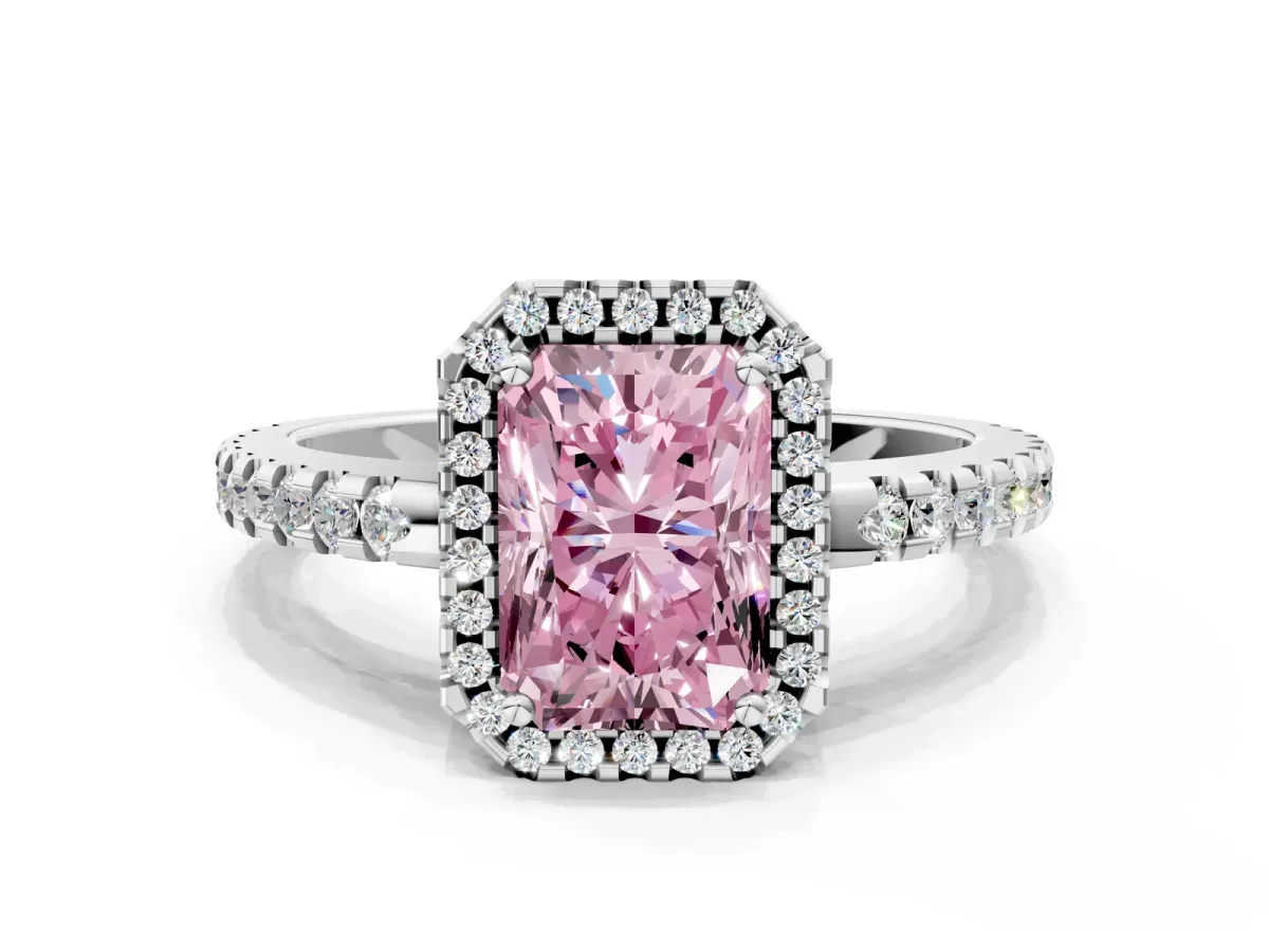 Fancy Pink Radiant Cut Diamond Halo Engagement Ring with Pavé Band and Prong Setting Platinum