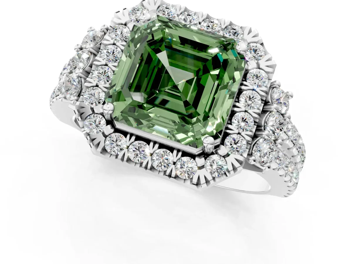 Fancy Green Asscher Cut Cut Double Halo Diamond Engagement Ring with Pave Band and Four-Prong Setting Platinum