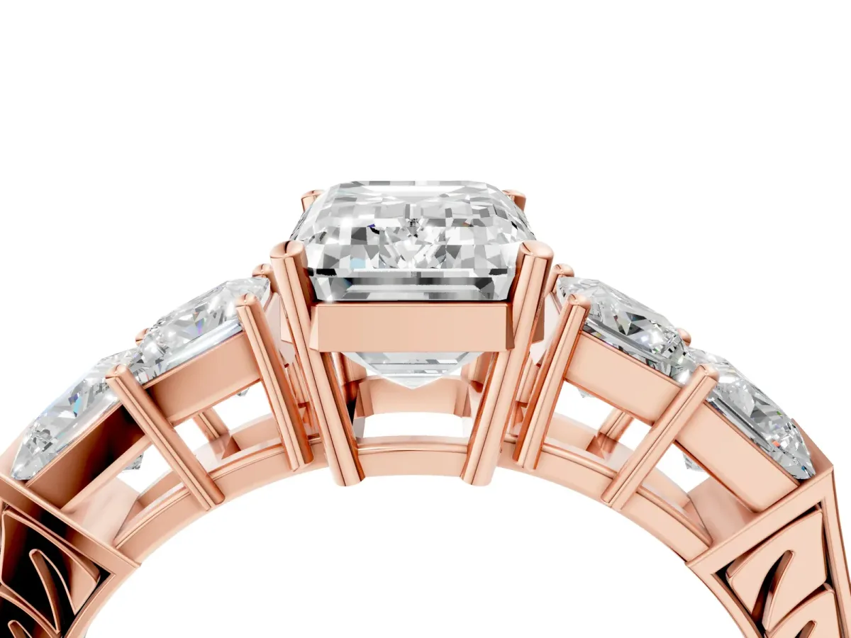 Emerald Cut Solitaire Princess Side Stone Engraved Band Prong Setting Ring Rose gold
