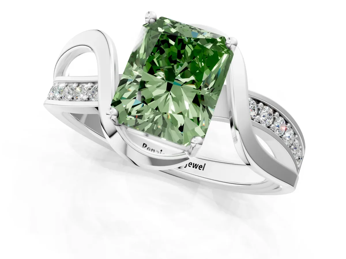 Fancy Green Radiant Cut Solitaire Twisted Band with Prong Setting Platinum