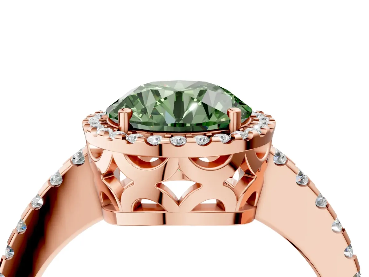 Fancy Green Round Cut Diamond Halo Engagement Ring with Pavé Band and Prong Setting Rose gold