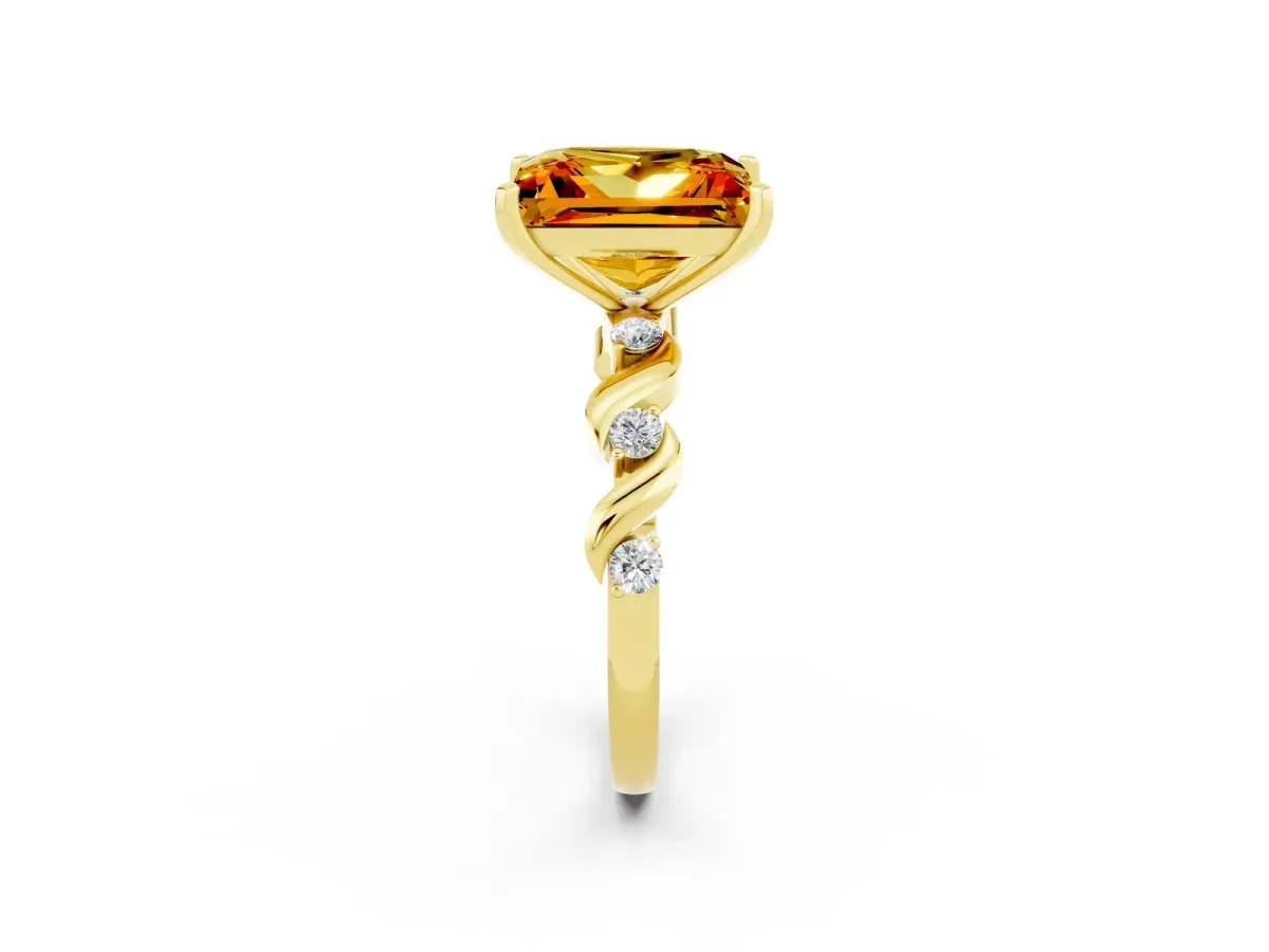 Princess Cut Citrine Solitaire Twisted Band with Round Accents and Prong Setting Yellow gold