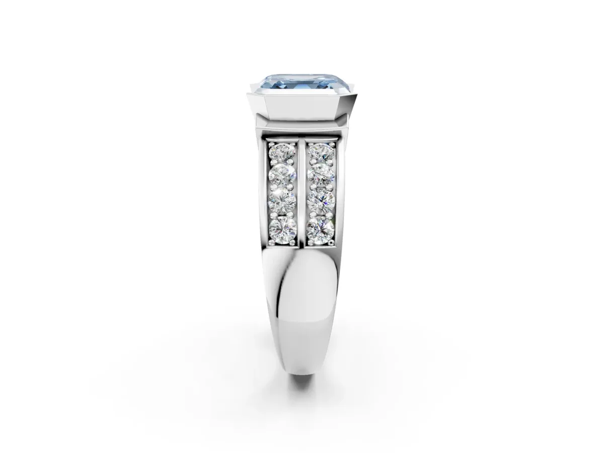 Fancy Blue Asscher Cut Brilliant Diamond Channel Set Wide Band Ring with Bezel Setting Platinum