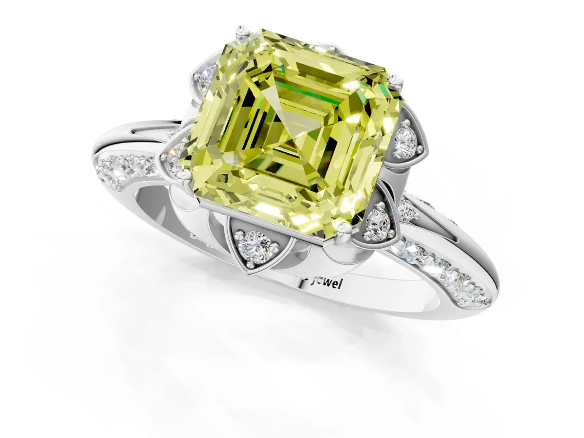 Fancy Yellow Asscher Cut Halo Split Shank Pave Diamond Ring with Petal Prong Setting Platinum