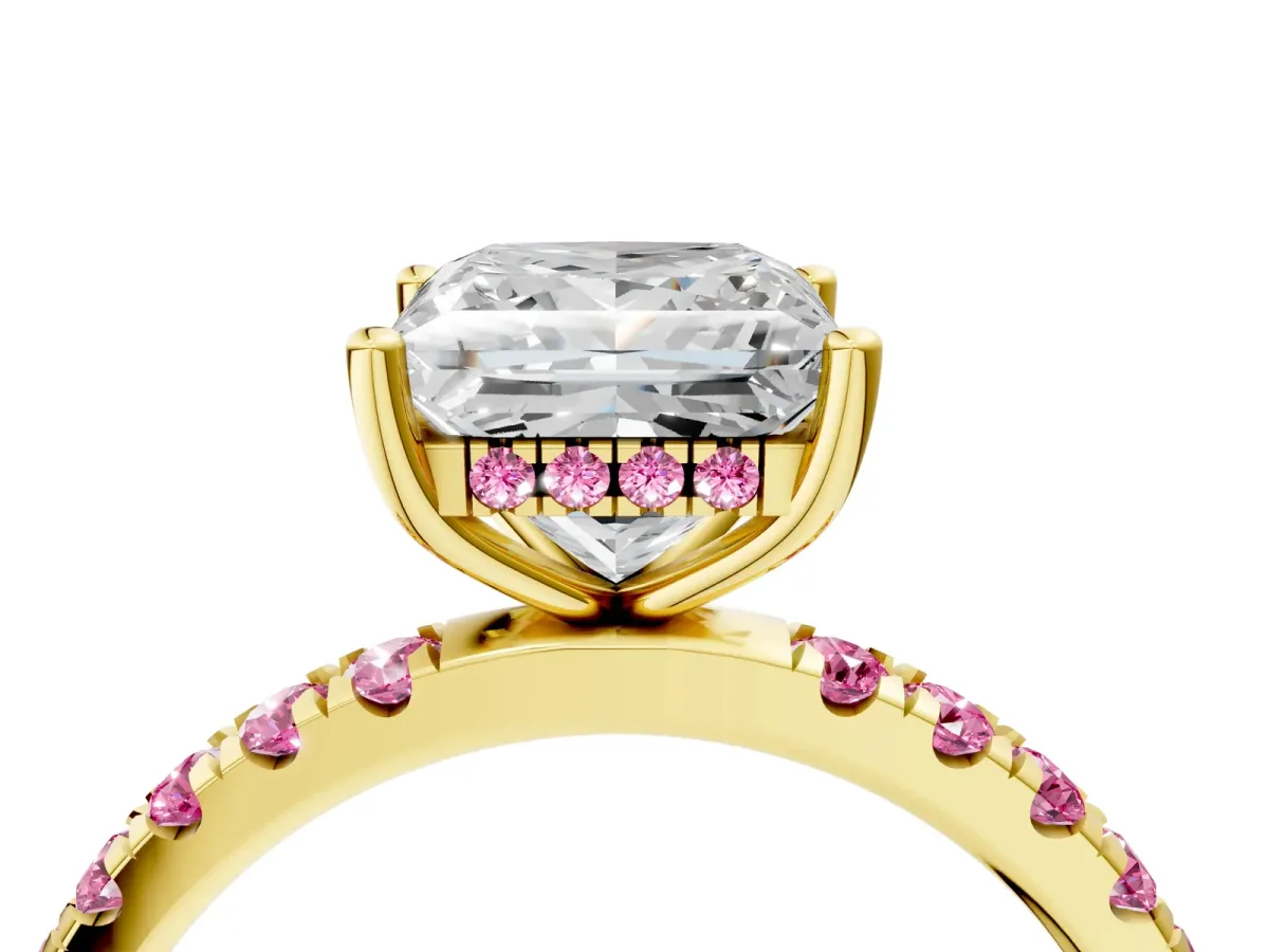 Princess Cut Diamond Pave Band Solitaire Ring with Round Pink Sapphire and Prong Setting Yellow gold