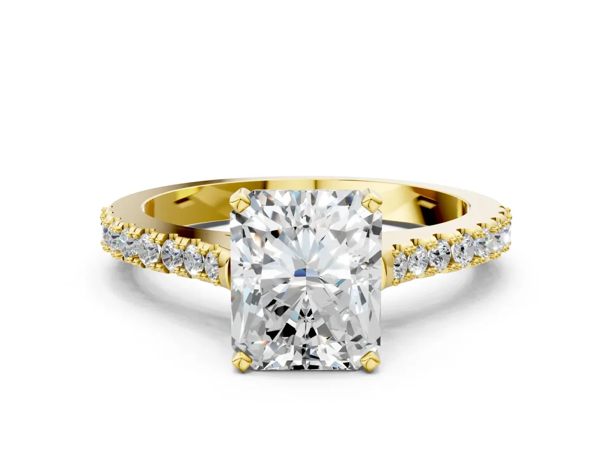 Radiant Cut Cut Solitaire Diamond Engagement Ring with Pave Band and Four-Prong Setting Yellow gold
