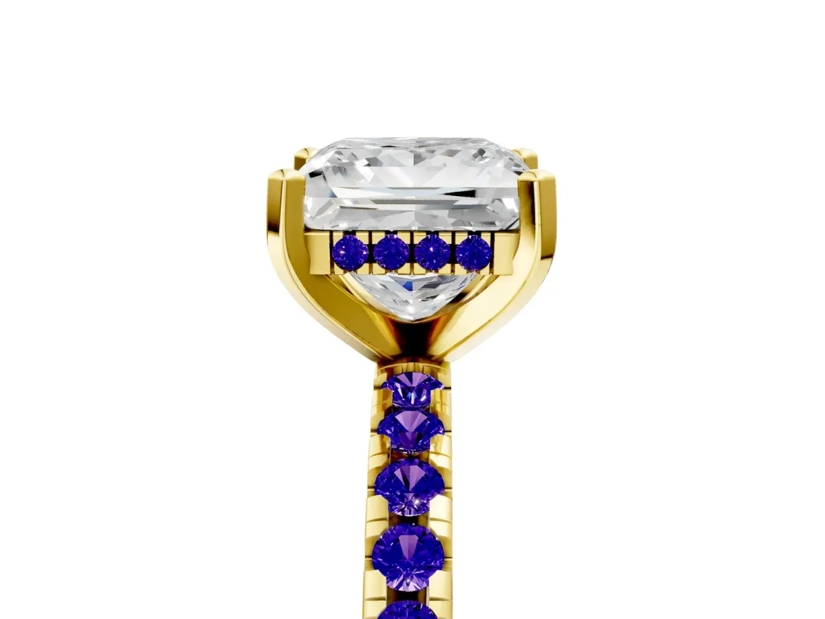 Princess Cut Diamond Solitaire Ring with Round Tanzanite Pavé Band and Four-Prong Setting Yellow gold