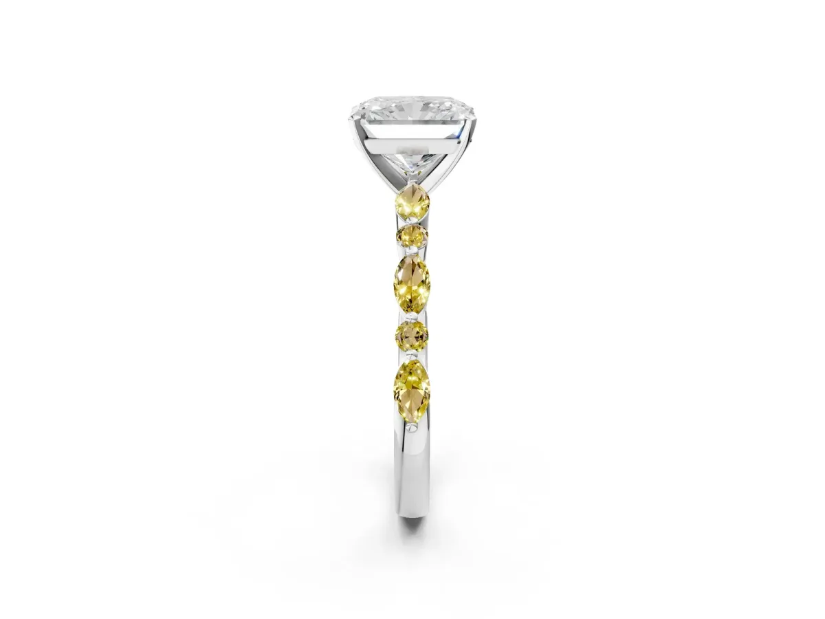 Radiant Cut Diamond Ring with Marquise and Round Yellow Sapphire Side Stones and Four-Prong Setting Silver