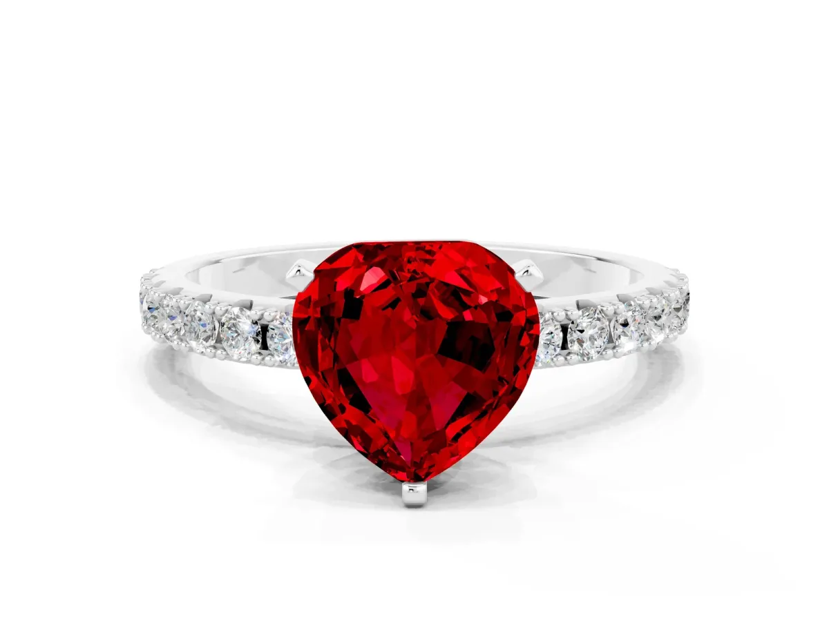 Heart Cut Ruby Solitaire Pavé Band with Four-Prong Setting Silver