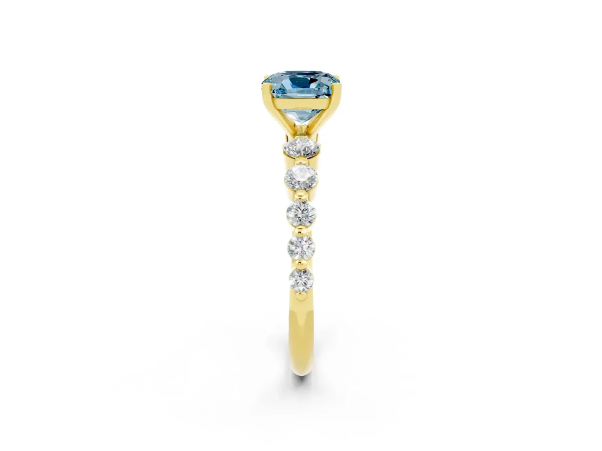 Cushion Cut Solitaire Aquamarine Ring with Pave Band and Four-Prong Setting Yellow gold