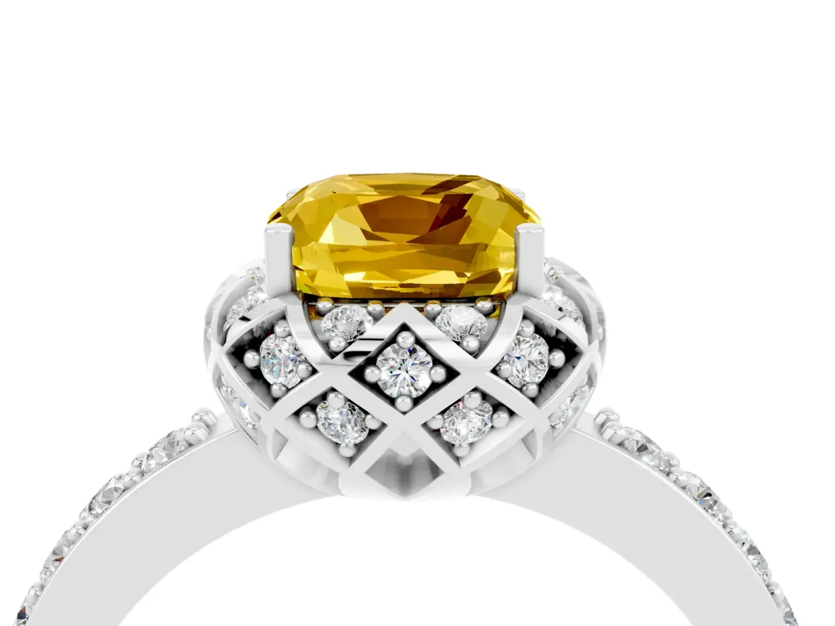 Cushion Cut Yellow Sapphire Scalloped Halo Engagement Ring with Round Shared Prong Band Silver