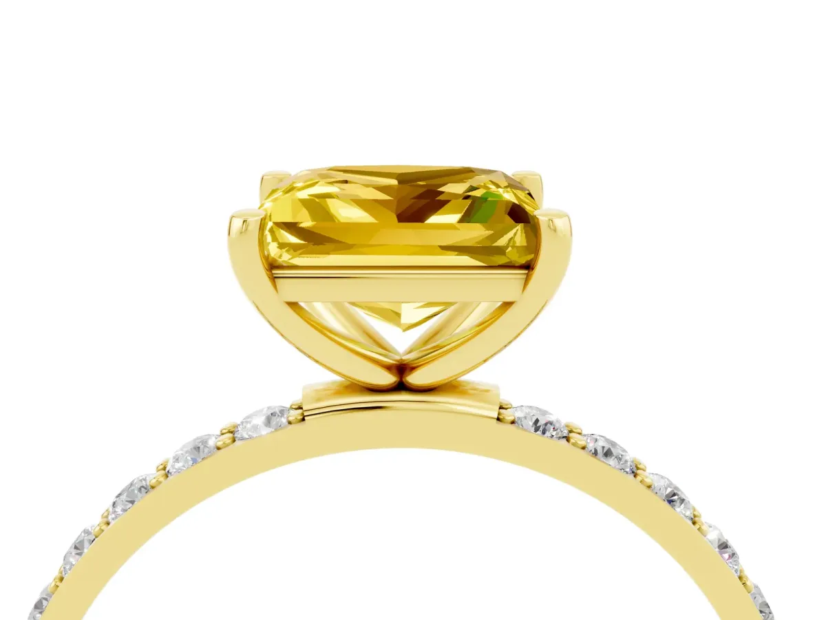 Princess Cut Yellow Sapphire Solitaire Ring with Round Pavé Band and Prong Setting Yellow gold