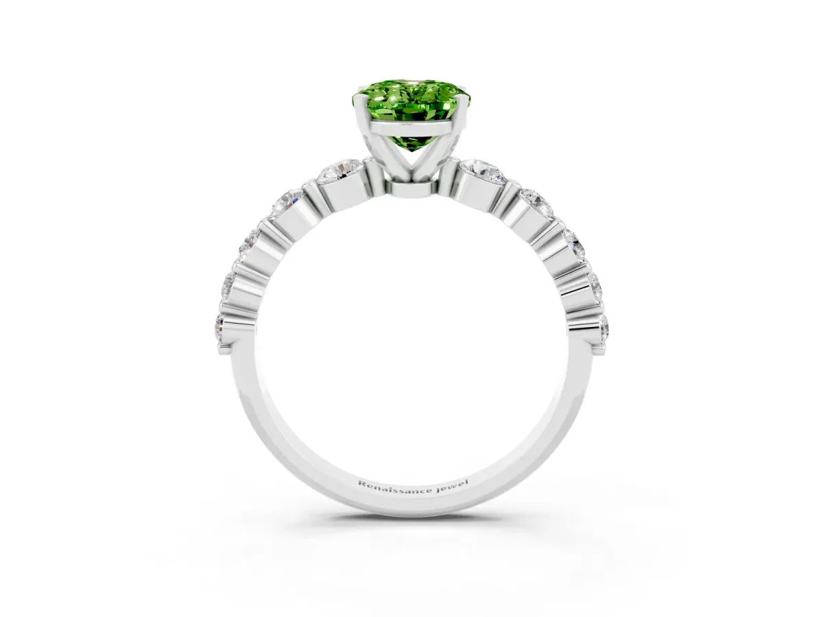 Oval Cut Solitaire Peridot Ring with Pave Band and Four-Prong Setting Platinum