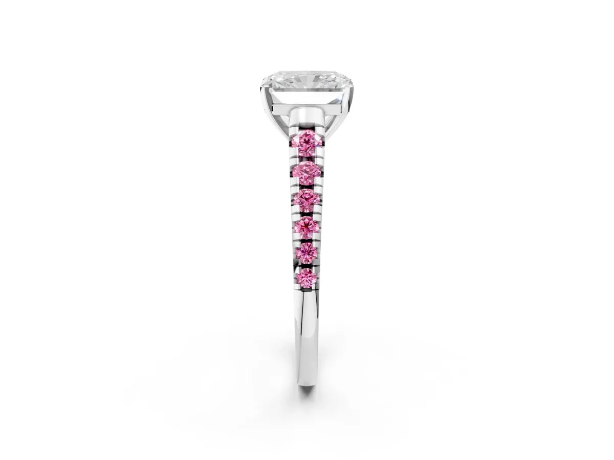Radiant Cut Diamond Cathedral Solitaire Ring with Round Pink Sapphire Pavé Band White gold